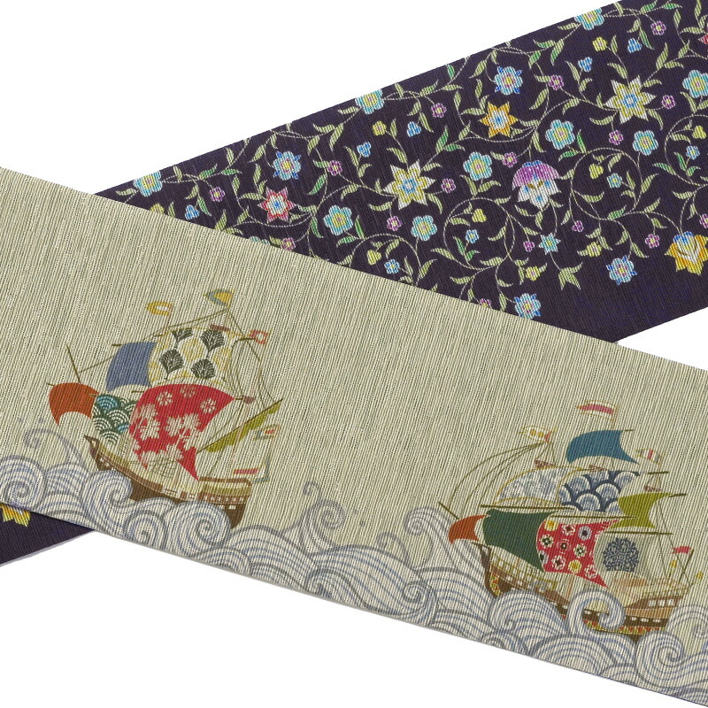 【MAX10000円OFFクーポン】半幅帯 召しませ花 彩帆-いろは- ベージュ 花唐草 黒 紫 帆船 カラフル 日本製 リバーシブル 変り結び 細帯 長尺