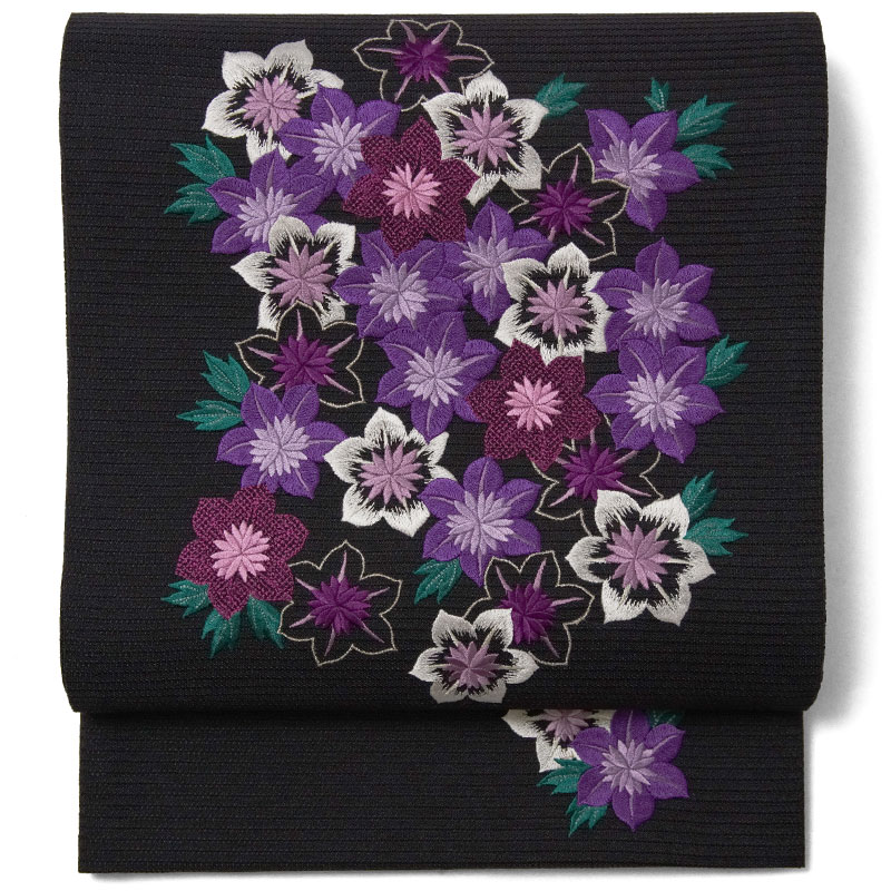 【MAX3000円OFFクーポン】撫松庵 一重太鼓袋帯 絽 鉄線尽くし 黒 紫 花 刺繍 カジュアル 仕立て上がり 京袋帯 夏帯 お太鼓 日本製