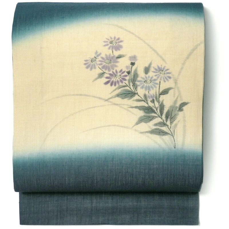 【MAX10000円OFFクーポン】名古屋帯 麻 菊 濃紺 ベージュ 生成 日本画風 夏 ナチュラル 生成 夏帯 お太鼓 一重太鼓