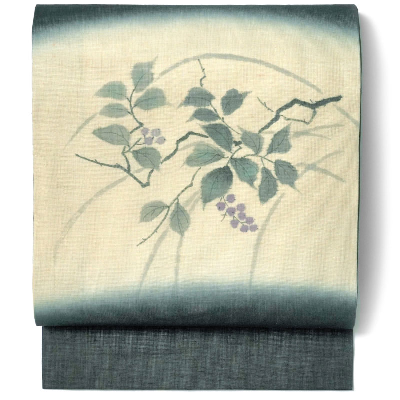 【MAX10000円OFFクーポン】名古屋帯 麻 濃紺 ベージュ 生成 植物 日本画風 夏 ナチュラル 生成 夏帯 お太鼓 一重太鼓