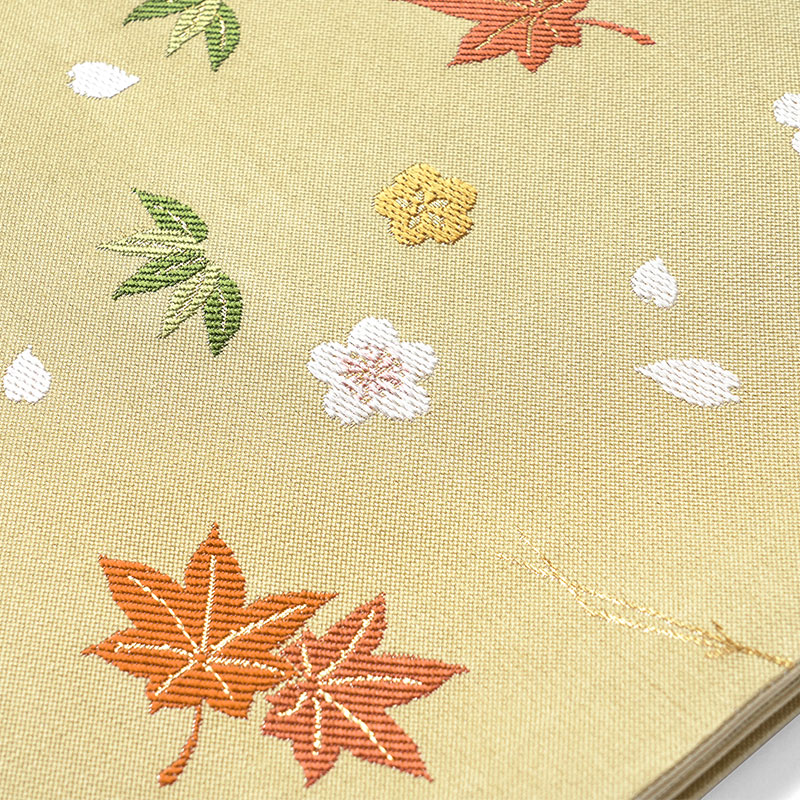 京袋帯吹き寄せからし黄色紅葉花松葉伝統文様JAPANMODE着物お太鼓仕立て上がり全通柄