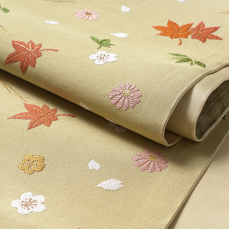 京袋帯吹き寄せからし黄色紅葉花松葉伝統文様JAPANMODE着物お太鼓仕立て上がり全通柄