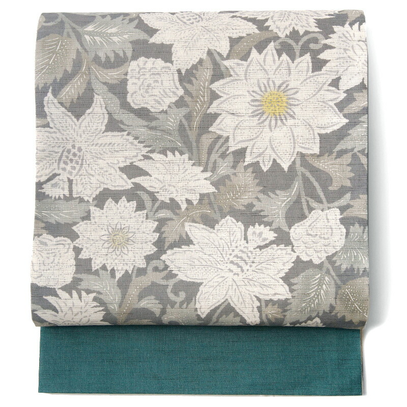 国際ブランド 京袋帯 Wakka 麻 フロレゾン 花 更紗 グレー 青緑 夏帯 ベージュ お太鼓 一重太鼓 限定製作 Www Toyotires Ca