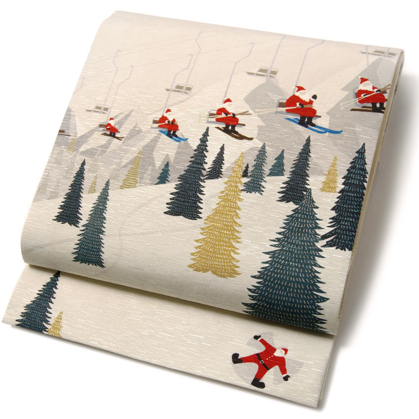 京袋帯 Wakka アフタークリスマス ベージュ オフ白 グレー トナカイ サンタ スキー リフト スポーツ 雪 12月26日 クリスマス 冬 正絹 お太鼓 一重太鼓 Linumconsult Co Uk