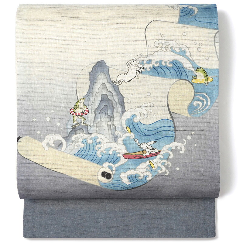 【7%OFFクーポン】京袋帯 召しませ花 麻 鳥獣戯画絵巻 兎 蛙 川 オフホワイト グレー 水色 お太鼓 一重太鼓 夏帯｜dear-japan 店