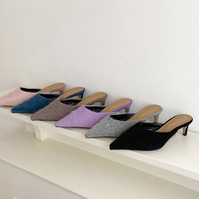 おしゃれ ミュール サンダル 歩きやすい 靴 婦人靴 ピンク パープル ネイビー グレー ブラウン ブラック 黒 ミドルヒール レディース フェイクファー ポインテッドトゥ O 3461 Kleannfresh Com Au