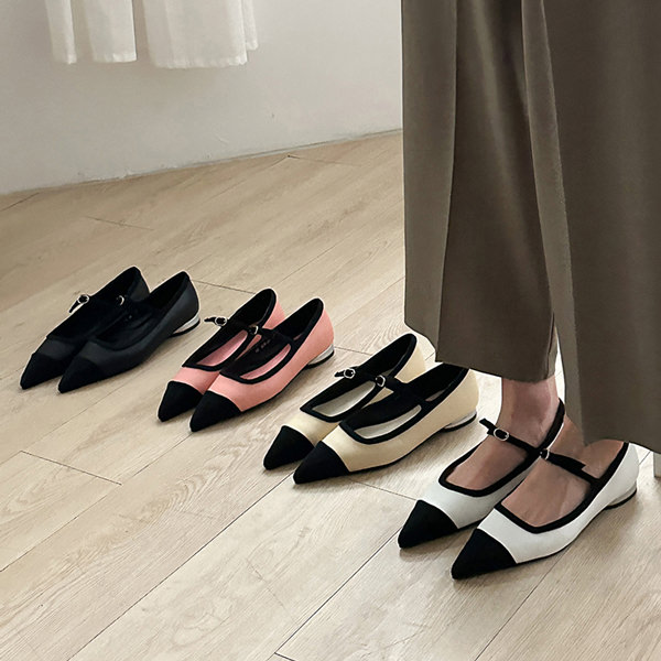 バレエシューズ パンプス キャップトゥ ポインテッドトゥ フロントストラップ フラット レディース 黒 白 ブラック ピンク ベージュ ホワイト 靴 婦人靴 韓国｜DECILITER