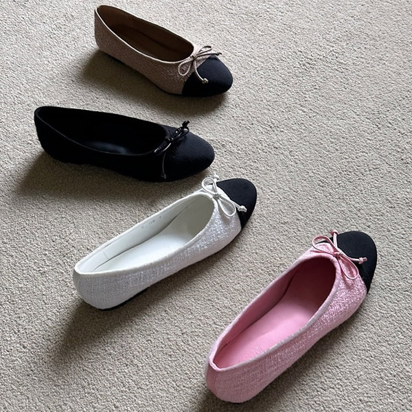 バレーシューズ パンプス りぼん シュロの葉 ツィード キャップトゥ 平ったい レディース 平べったい 黒 白 黒いこと サクラ色 ベージュ 白いこと 靴 成人女性靴 韓国