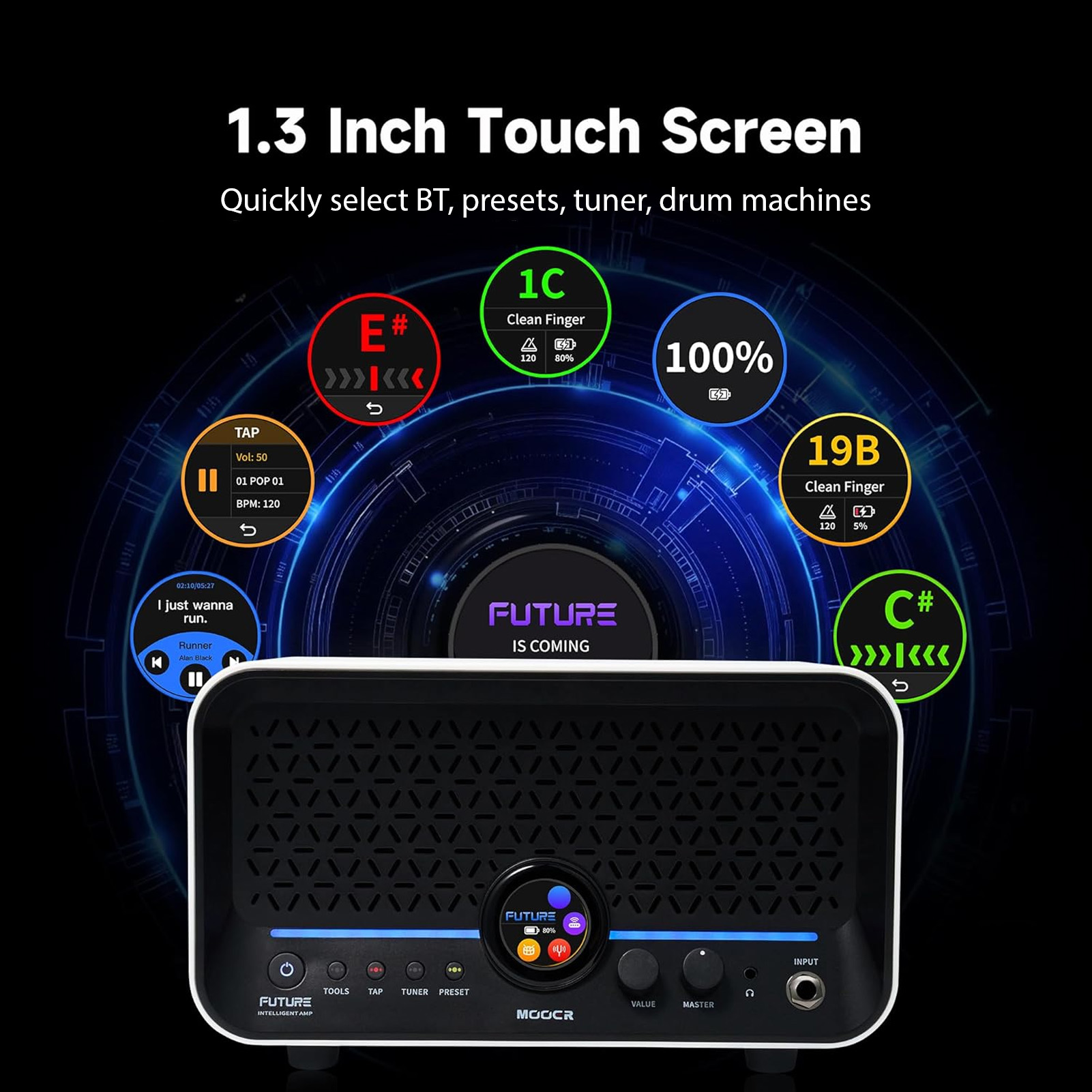 ギターアンプ 15W スマート BT タッチスクリーン アプリ連携 55アンプモデル 66エフェクト ループ ドラムマシン リバーブ ディレイ エレキギター ベース 収納 便利 人気 高品質 ギフト プレゼント｜デコエーセ