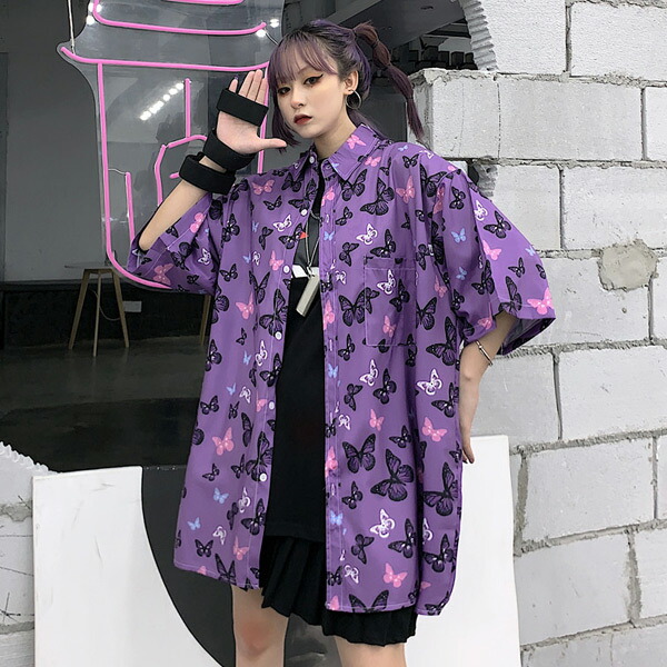 楽天市場 即納あり 柄シャツ バタフライ柄 蝶々 五分袖 パープル 紫 ビッグシルエット トップス ダンス 衣装 ヒップホップ コスチューム 韓国ファッション 大きいサイズ 個性的 服 原宿系 ダンス衣装decorative