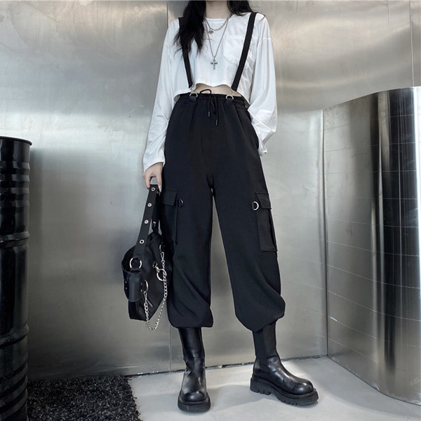 サスペンダー付きブラックワイドパンツ サス付きワイドパンツ ワイドパンツ パンツ レディース 送料無料・再