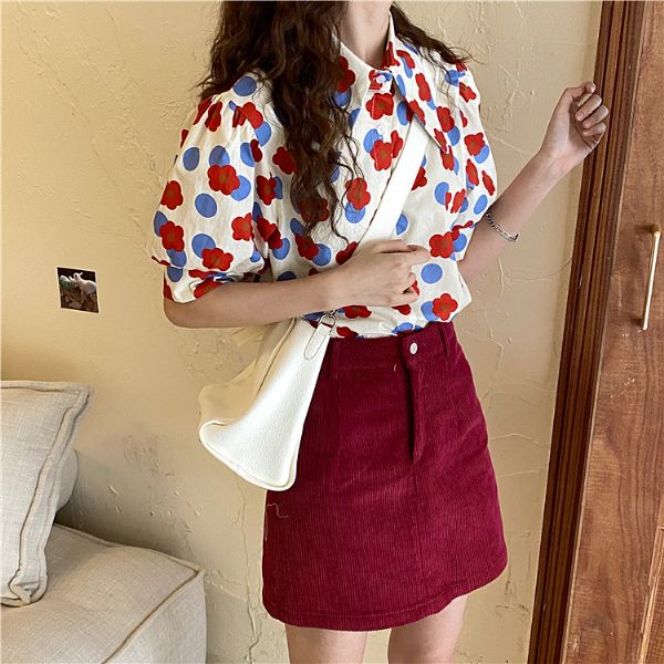 楽天市場 即納あり 柄シャツ シャツ ブラウス レディース パフスリーブ 半袖 大きい襟 マルチカラー 花柄 イラスト アート プリント 総柄 ダンス 衣装 ヒップホップ コスチューム 韓国ファッション 個性的 ダンス衣装decorative