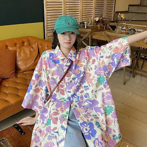 楽天市場】柄シャツ 花柄 花 カラフル ブルーベース フラワー