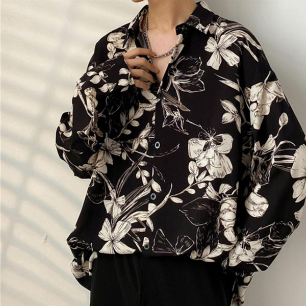 ヴィンテージ ベロア シャツ 総柄 ボタニカル柄 花柄 長袖 シェルボタン L mmm183-1.jpg