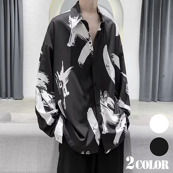 アートラインプリント切替長袖シャツワンピース 06-3036