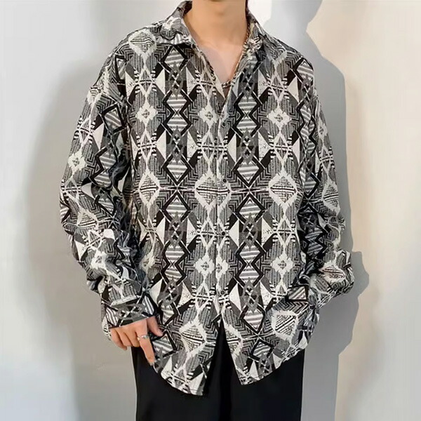 【個性派古着】長袖総柄デザインシャツ　個性的な　アート柄　マルチカラー BENDER TOKYO】アート フラワー 総柄プリント レギュラーカラー