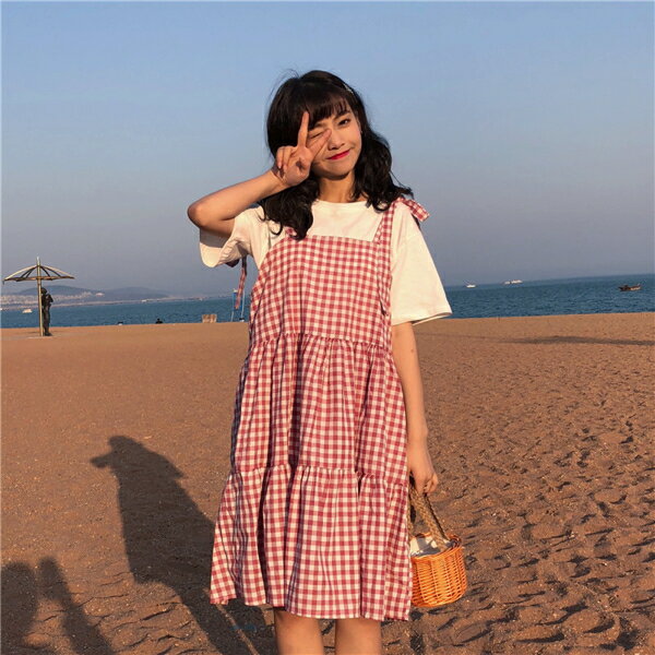 Decorative Pro Dress Checked Pattern Knee Length Red Black Lady S
