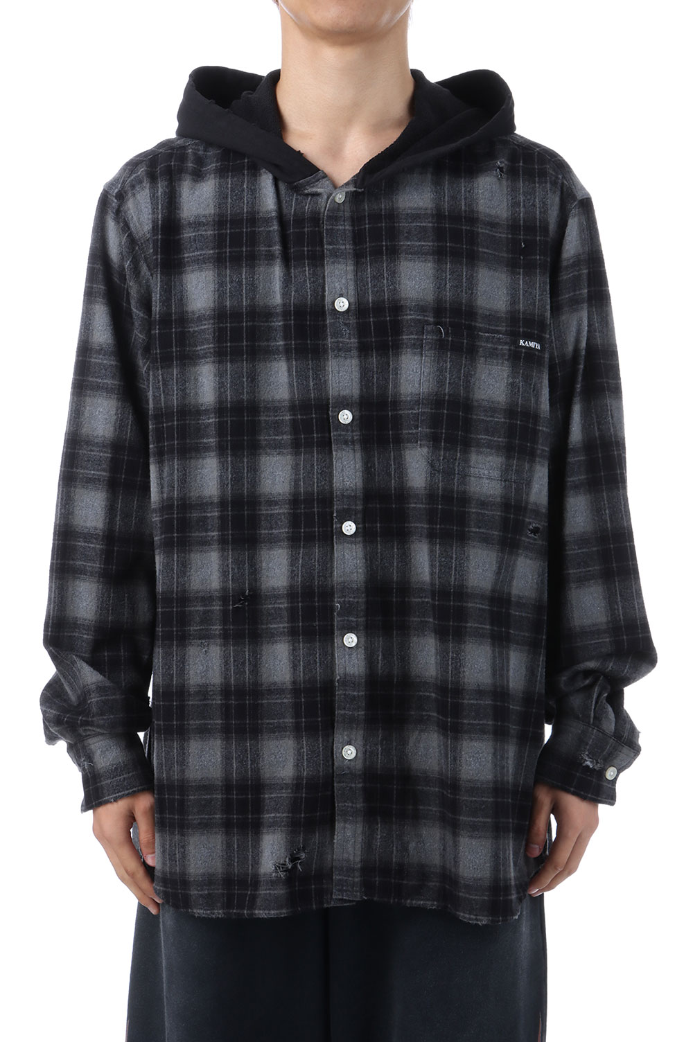 【P10倍】Distressed Hooded Checked Shirt - BLACK (G15SH055) KAMIYA(カミヤ)