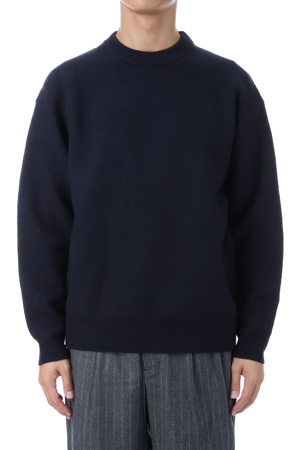 FELTED MERINO WOOL CREW NECK KNIT - NAVY (253-60203) Universal Products(ユニバーサルプロダクツ)