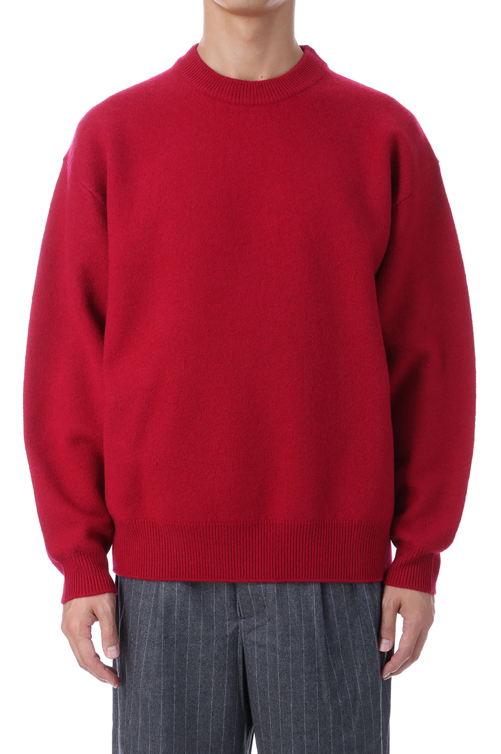 FELTED MERINO WOOL CREW NECK KNIT - RED (253-60203) Universal Products(ユニバーサルプロダクツ)