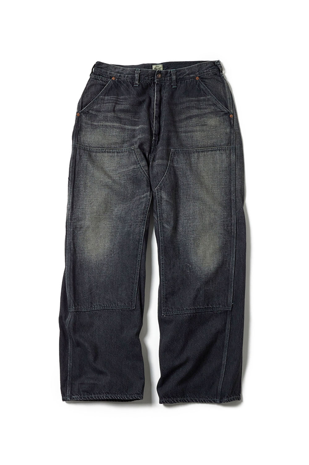 RECYCLED WASTE SUVIN COTTON YARN 11.5oz. DENIM DOUBLE KNEE PAINTER PANTS VINTAGE WASHED - BLACK (GL42582H) Gold(ゴールド)