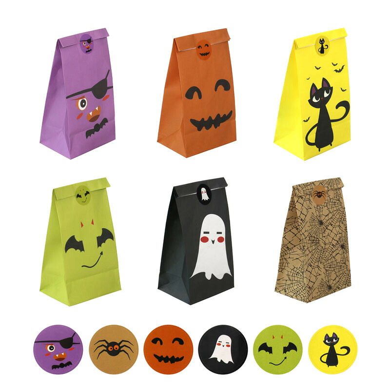 ハロウィン キャンディーバッグ お菓子袋 6種 ラッピング 紙袋 ペーパーバッグ 飴入れ ギフト 包装 ステッカー付き パーティー 小分け袋 可愛い 飴入れ プレゼントバッグ 贈り物 (紙袋 120個入り)