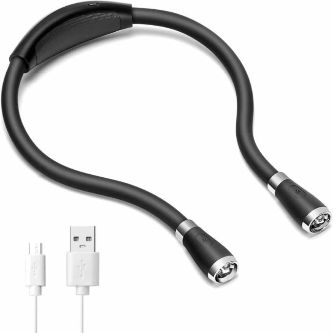 【楽天市場】LEDネックブックライトUSB充電式ハンズフリー4つの超高輝度LED電球3つの調整可能な明るさベッドでの読書ジョギング夜の修繕黒