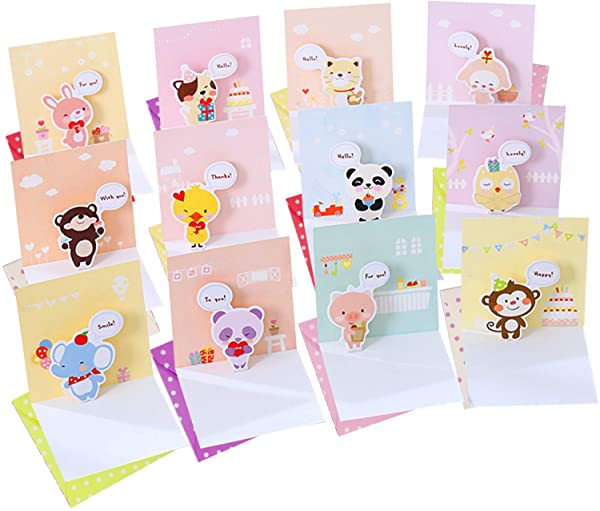 かわいい メッセージカード 子供 動物 12枚セット 3d立体カード 12種類