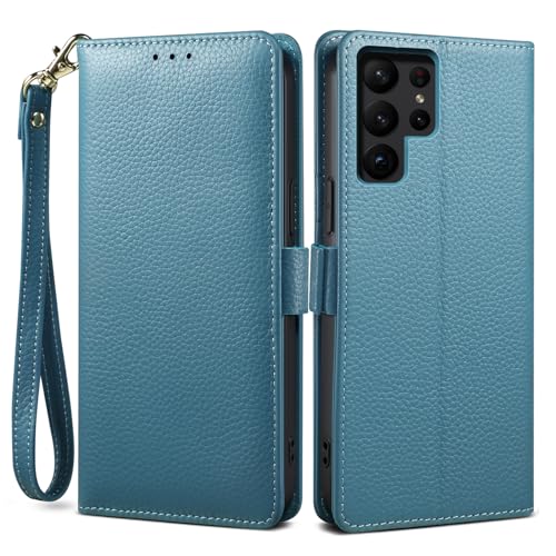 Galaxy S24 Ultra ケース 手帳型 本革 牛革 カード収納 サイドマグネット式 横置きスタンド機能付き 上下にストラップホール付き ストラップ付 ギャラクシー S24 Ultraケース 柔軟なTPU素材 耐衝撃 全面保護 (Galaxy S24 Ultra シアン) 送料無料