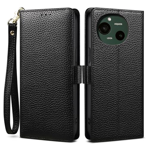 AQUOS R9 ケース 手帳型 本革 牛革 カード収納 サイドマグネット式 横置きスタンド機能付き 上下にストラップホール付き ストラップ付 アクオスR9 ドコモ SH-51Eケース 柔軟なTPU素材 耐衝撃 全面保護 (AQUOS R9 ブラック) 送料無料