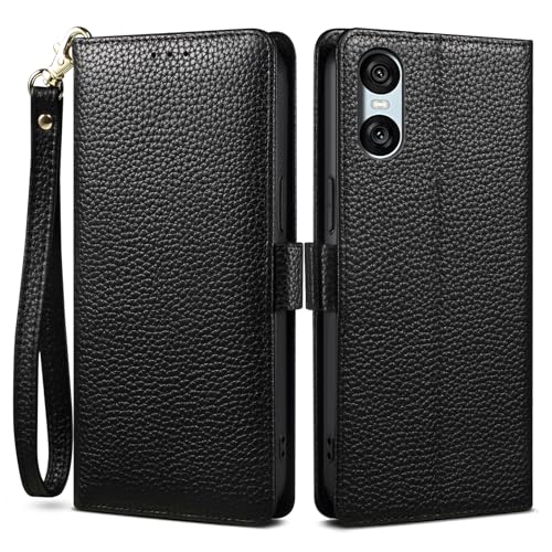 Xperia 10 VI ケース 手帳型 本革 牛革 カード収納 サイドマグネット式 横置きスタンド機能付き 上下にストラップホール付き ストラップ付 エクスぺリア 10 vi SO-52E SOG14 ケース 柔軟なTPU素材 耐衝撃 全面保護 (Xperia 10 VI ブラック) 送料無料