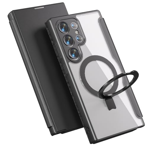 Galaxy S24 ultra ケース Magsafe 多機能 スタンド 手帳型ケース リング＆スタンド 切り替え ワイヤレス充電 カード収納 マグネット式 背面透明PU カメラ保護カバー レザー 耐衝撃 全面保護 ブラック 送料無料