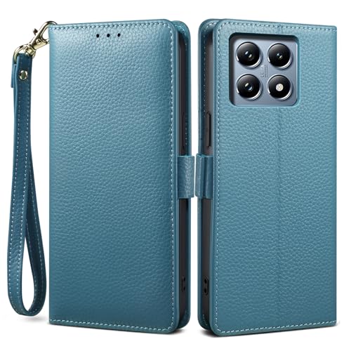 Xiaomi 14T ケース 手帳型 本革 牛革 カード収納 サイドマグネット式 横置きスタンド機能付き 上下にストラップホール付き ストラップ付 シャオミ 14T ケース 柔軟なTPU素材 耐衝撃 全面保護 (Xiaomi 14T シアン) 送料無料