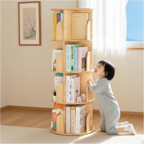 本棚 回転式 大容量 絵本棚 ブックシェルフ 子供 絵本ラック 漫画棚 収納棚 CDラック DVDラック 天板に物が置ける 異臭なし 組立簡単 転倒防止 説明書付（天然木製 4段、直径 40cm、高さ 129cm）｜deer-shop