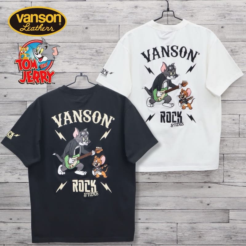 【貨物輸送無料】メンズ トムとゼラチン VANSON バンソン 共同研究 半袖 ティーシャツ 半袖ティーシャツ 紅茶プルオーバー うしろ側 刺しゅう 胸刺しゅう 伸ばすこと 伸縮 TOM＆JERRY トムジェリ ギター レディース ユニ一発やる 白 白いこと 黒 黒いこと