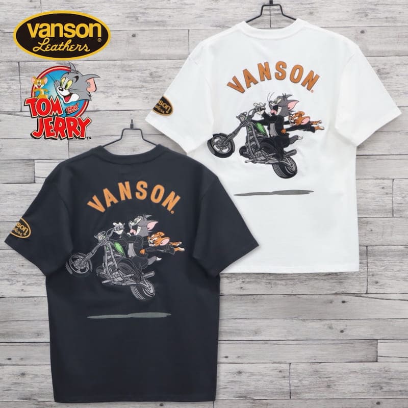 【送料無料】メンズ トムとジェリー VANSON バンソン コラボ 半袖 Tシャツ 半袖Tシャツ ティーシャツ バック 刺繍 胸刺繍 TOM＆JERRY トムジェリ バイク レディース ユニセックス 白 ホワイト 黒 ブラック｜DEF-STORE
