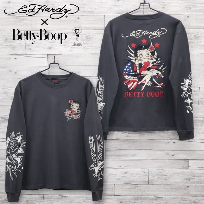 【貨物輸送無料】メンズ Ed Hardy BETTY BOOP エドハーディー ベティーブープ 共同研究 長袖 プルオーバー 長袖プルオーバー お茶プルオーバー ロンT  ベティ ベティー 刺しゅう 刷り上げる ユニ一発やる レディース 黒 黒いこと