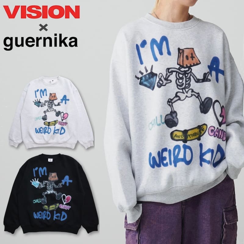 【貨物輸送無料】メンズ vision street wear ヴィジョンストリートウェア guernika ゲルニカ 共同研究 調教師 汗水 ティーシャツ 長袖 スカル スケーター 文字記号 小間絵 刷り上げる 厚地の外套大きさ 裏起毛 ユニ一発やる レディース 点火装置薄墨色 黒 黒いこと