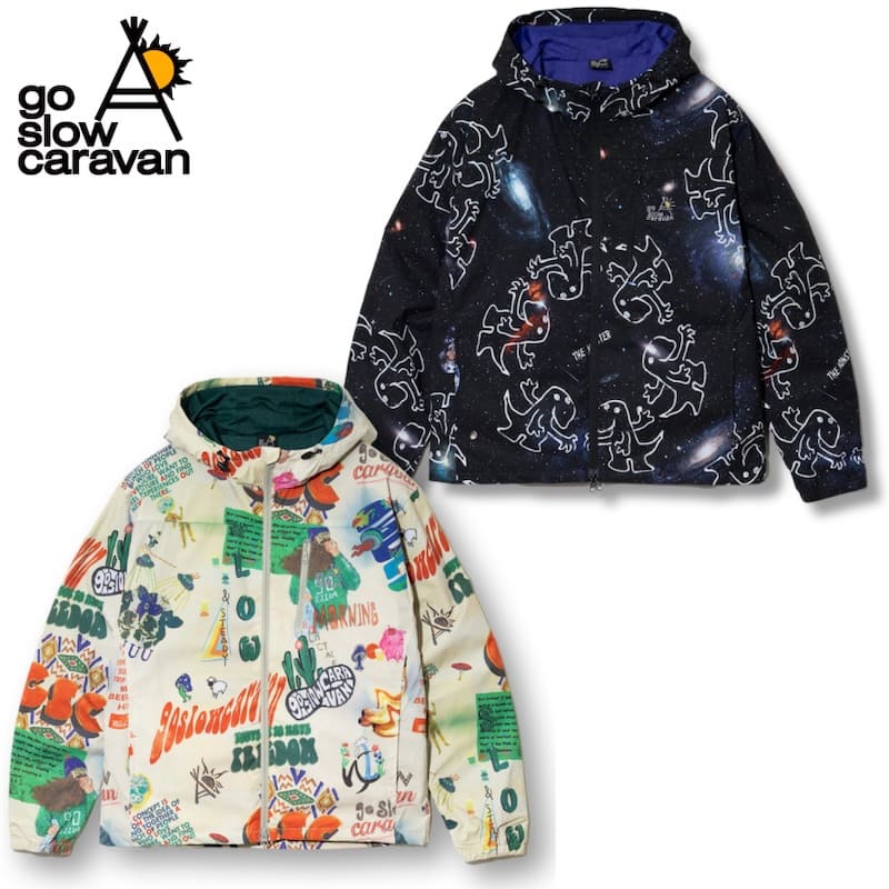 【送料無料】ゴースローキャラバン go slow caravan パーカー ジャケット ブルゾン アウター 総柄 宇宙 ロゴ イラスト プリント 軽量 ライトアウター アウトドア ユニセックス メンズ レディース ベージュ 黒 ブラック|DEF-STORE