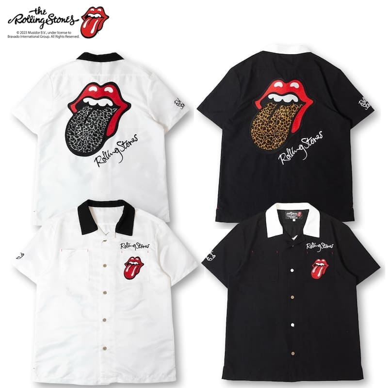 【貨物輸送無料】メンズ THE ROLLING STONES ローリングストーンズ JACKROSE 万力さくら色 共同研究 半袖 プルオーバー 突き抜くプルオーバー 開襟 開けはなし色つや LIPS＆TAN 刺しゅう 毛の荒物 ヒョウ柄 レオパード ユニ一発やる 白 白いこと 黒 黒いこと