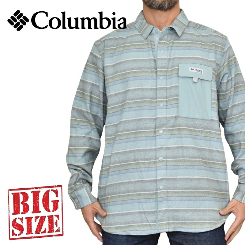 大きいサイズ メンズ COLUMBIA コロンビア 長袖シャツ ボーダー柄 USAモデル PFG UNCHARTED OVER SHIRT XL XXL
