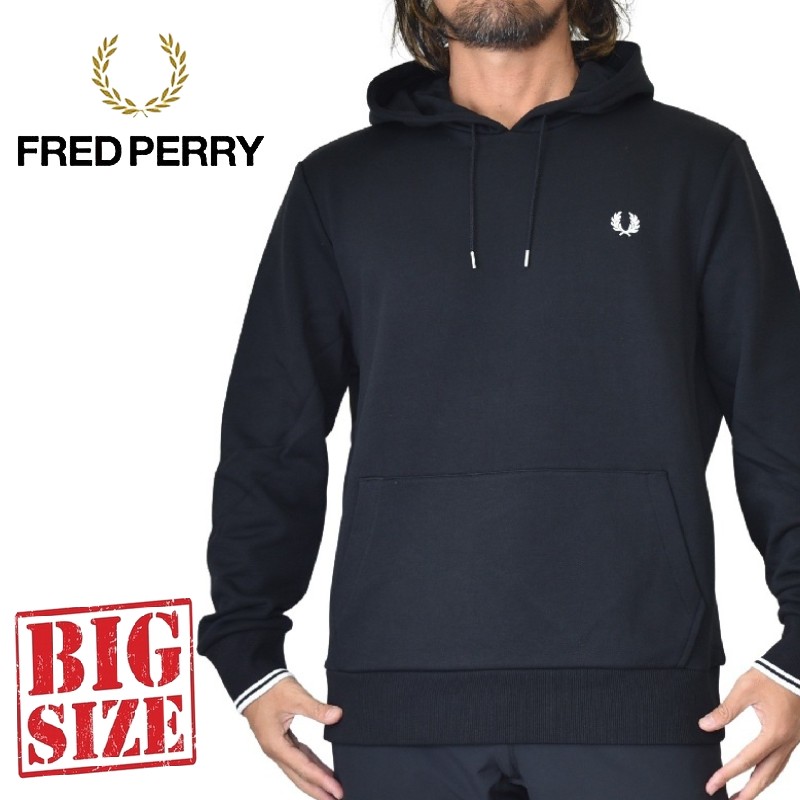 FRED PERRY フレッドペリー パーカー フーディー スウェット ワンポイント刺繍 プルオーバー Tipped Hooded Sweatshirt 黒 ブラック XXL XXL