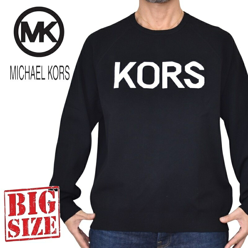途轍も無い大きさ メンズ MK MICHAEL KORS マイケル教科課程 長袖 編み物 プルオーバー ロゴタイプ インターシャ KORS ラグラン 労働者の一団のど頚 ティーシャツ 黒いこと 黒 XXL