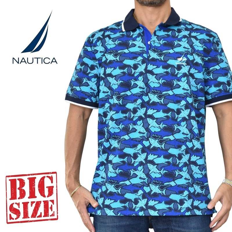 大きいサイズ メンズ NAUTICA ノーティカ ノーチカ ポロシャツ 半袖 総柄 Shark Week Sustainably Crafted Classic Fit Shark Print Polo XL XXL XXXL