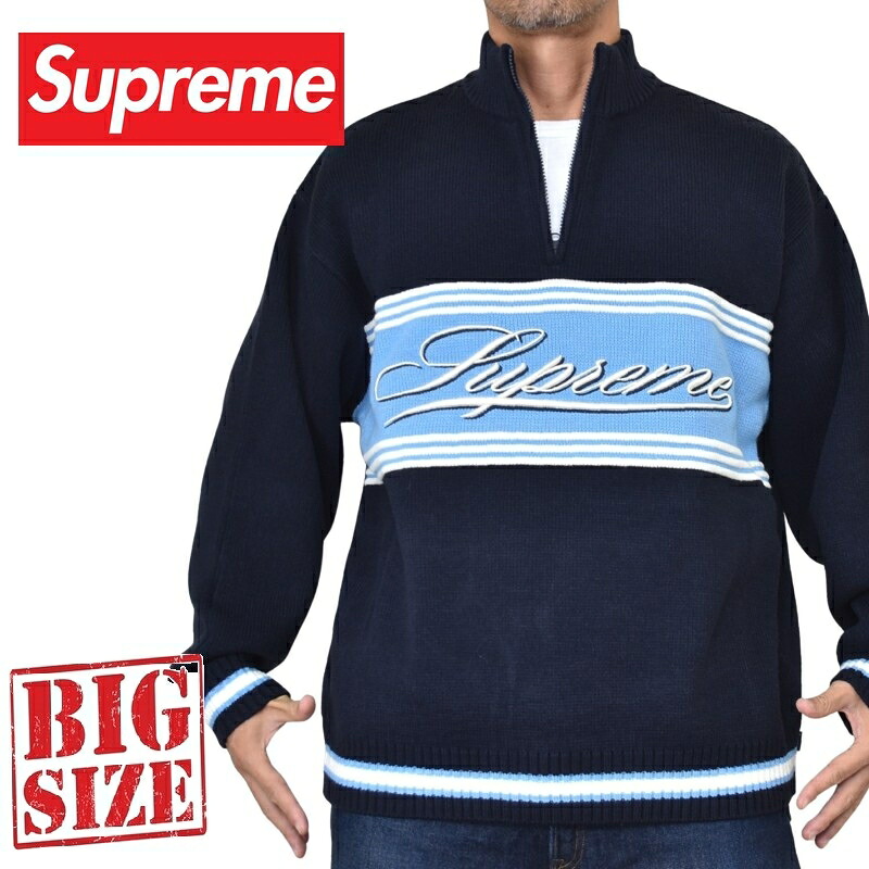 途轍も無い大きさ メンズ Supreme シュプリーム Script Stripe Half Zip Sweater 台本 縞模様 二分の一 ジップ プルオーバー NAVY XXL