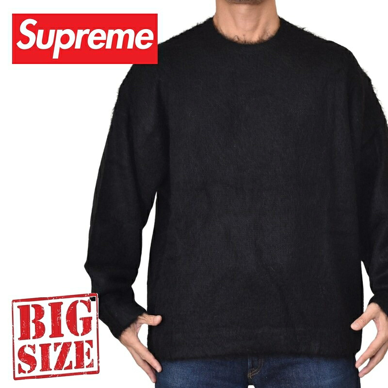 途轍も無い大きさ メンズ Supreme シュプリーム Brushed Mohair Sweater Black モヘヤ 毛糸 労働者の一団のど頚 プルオーバー XXL