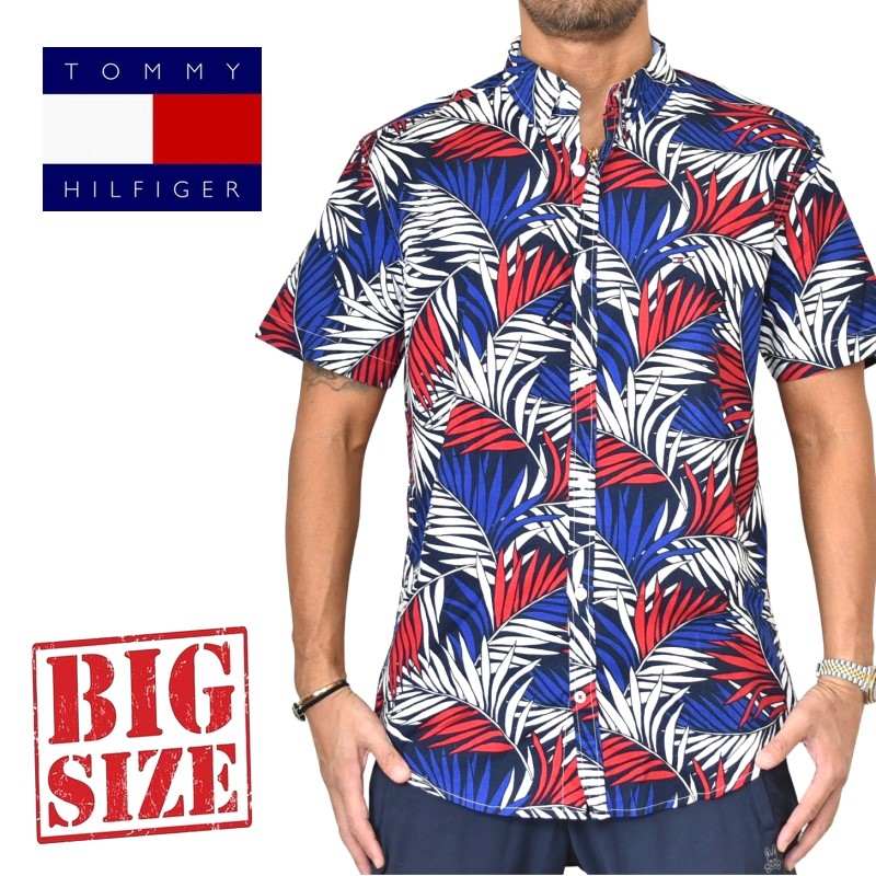 大きいサイズ メンズ トミーヒルフィガー TOMMY HILFIGER 半袖シャツ 総柄 ボタニカル柄 ボタンダウン ワンポイント XL｜BigSize DEF 大きいサイズメンズ