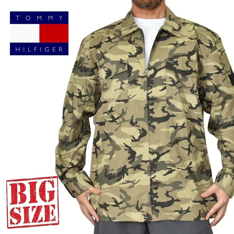 大きいサイズ メンズ TOMMY HILFIGER トミーヒルフィガー 迷彩 カモフラ フルジップアップ シャツジャケット 薄手 ミリタリー XXL XXXL