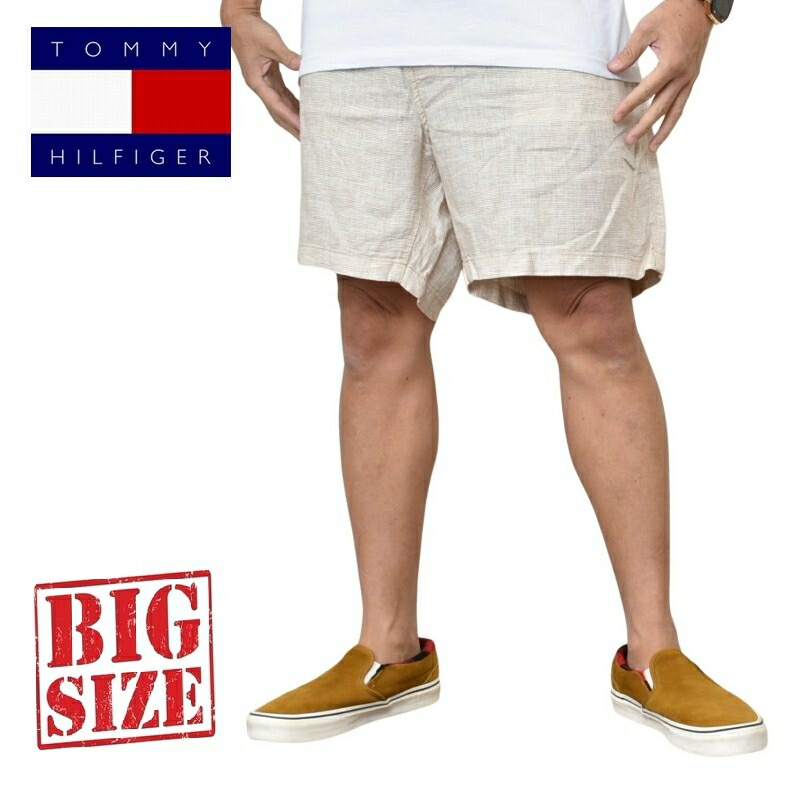 大きいサイズ メンズ トミーヒルフィガー TOMMY HILFIGER ストライプリネンショーツ ハーフパンツ ハーパン ショートパンツ 麻 7inch 40 42 44インチ｜BigSize DEF 大きいサイズメンズ