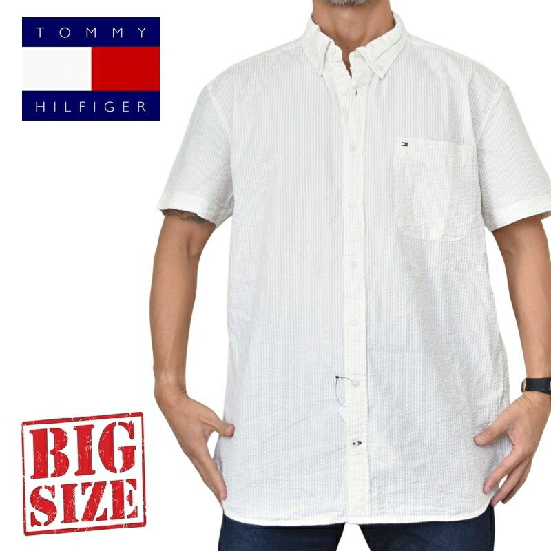 気が大きい大きさメンズ トミーヒルフィガー TOMMY HILFIGER 半袖 プルオーバー ワンポイント 名取り草落ちこむ 縞模様柄 シアサッカー出どころ XXL